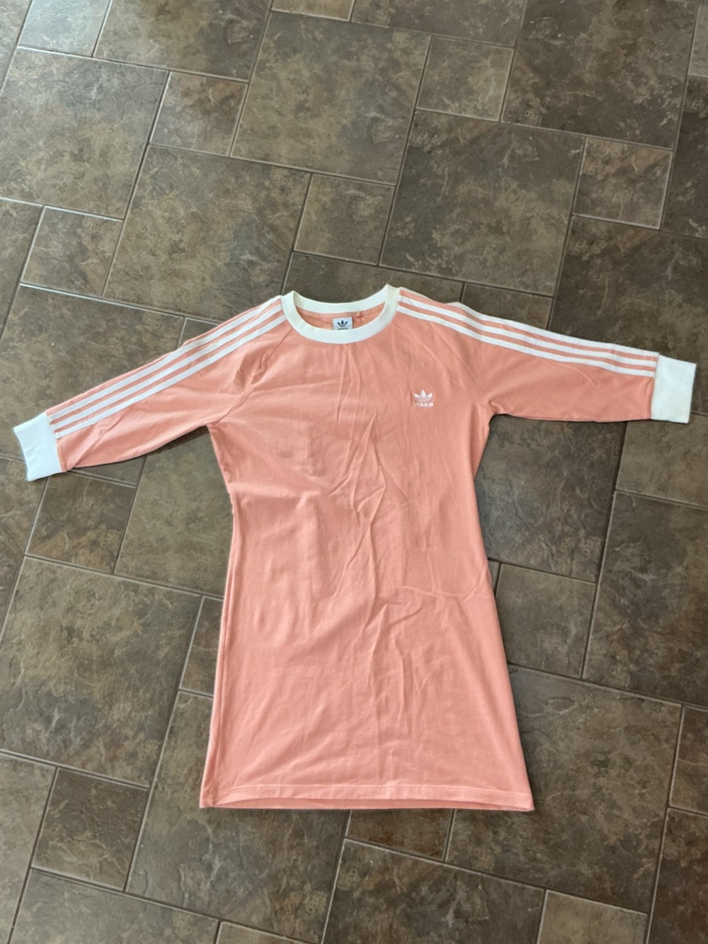 adidas Peach Three-Stripe Tee Dress with White Trim, 3/4 sleeves